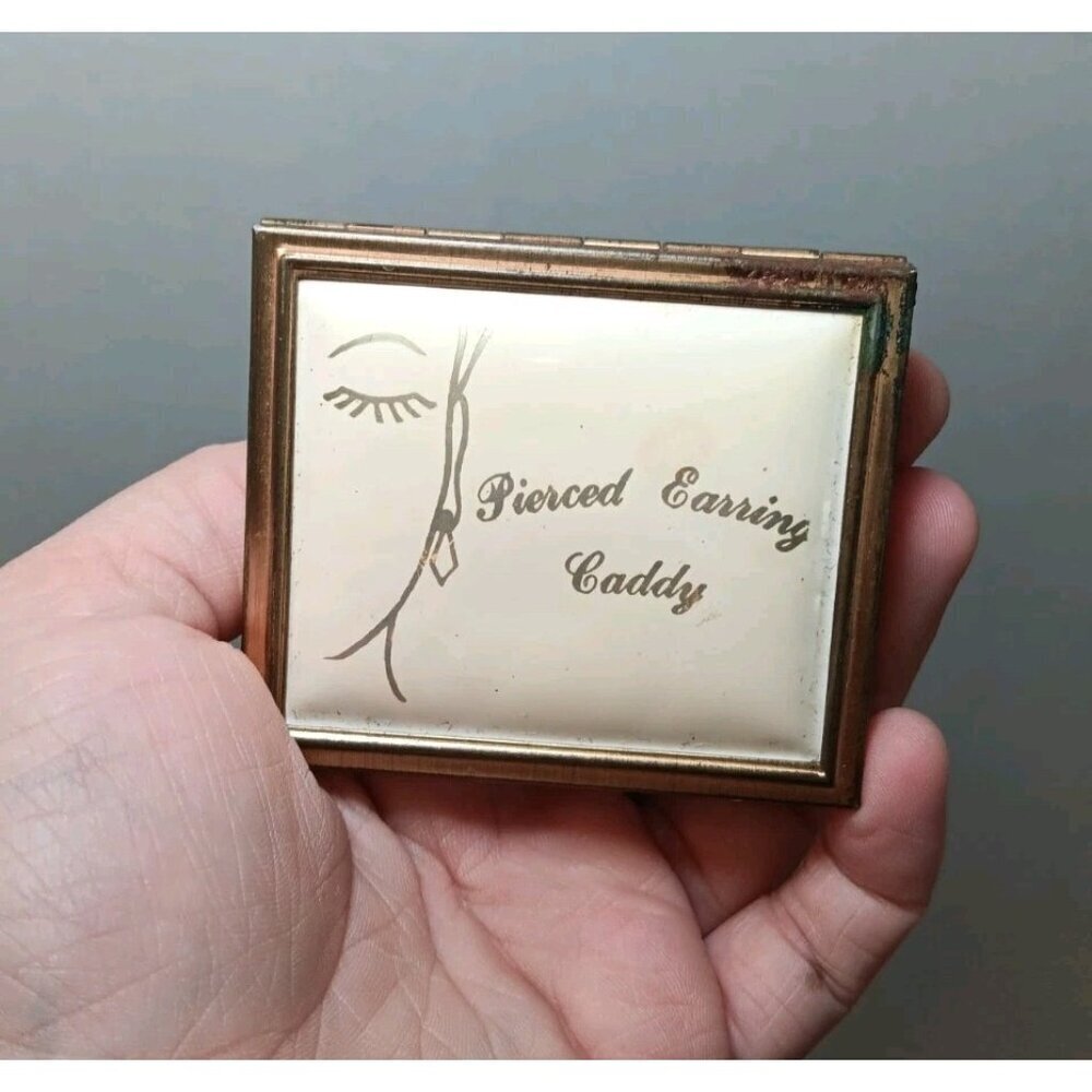 Vintage Brass Jewelry Compact Body and Pierced Earrings Caddy 1950's Velvet Line